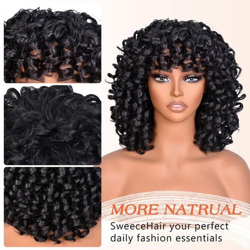 SweeceHair Curly Wigs for Black Women Black Short Afro Curly Wig with Bangs 14 Inch Bouncy Fluffy Heat Resistant Synthetic Wig for Daily Party Use