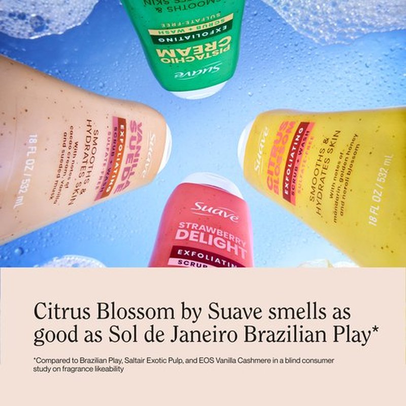 Suave Citrus Blossom Exfoliating Body Wash & Scrub with Glycerin & Vitamin E, Sulfate-Free Hydrating Cleanser for Soft, Smooth Skin, 6 Count, 18 FL OZ EA