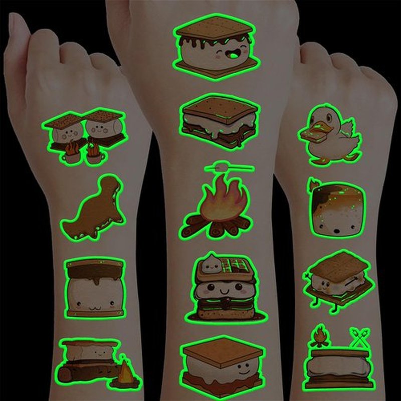 96PCS Smores Pre-Cut Temporary Tattoos Campfire Birthday Party Decorations Favors Supplies Camping Baby Shower Themed Stickers 8 Sheets Gifts for Kids Girls Boys Decor Class School (Luminous)