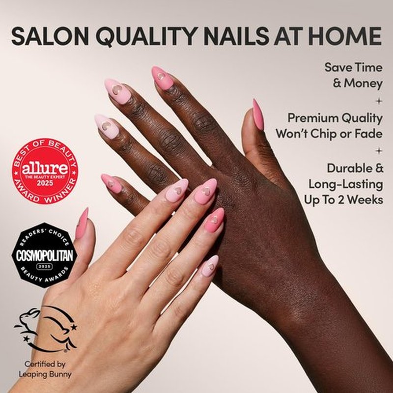 Glamnetic Press On Nails - Matte In Love | Short Almond Fake Nails with Metallic Gold Hearts | 30 Nail Kit in Mixed Pink Tones
