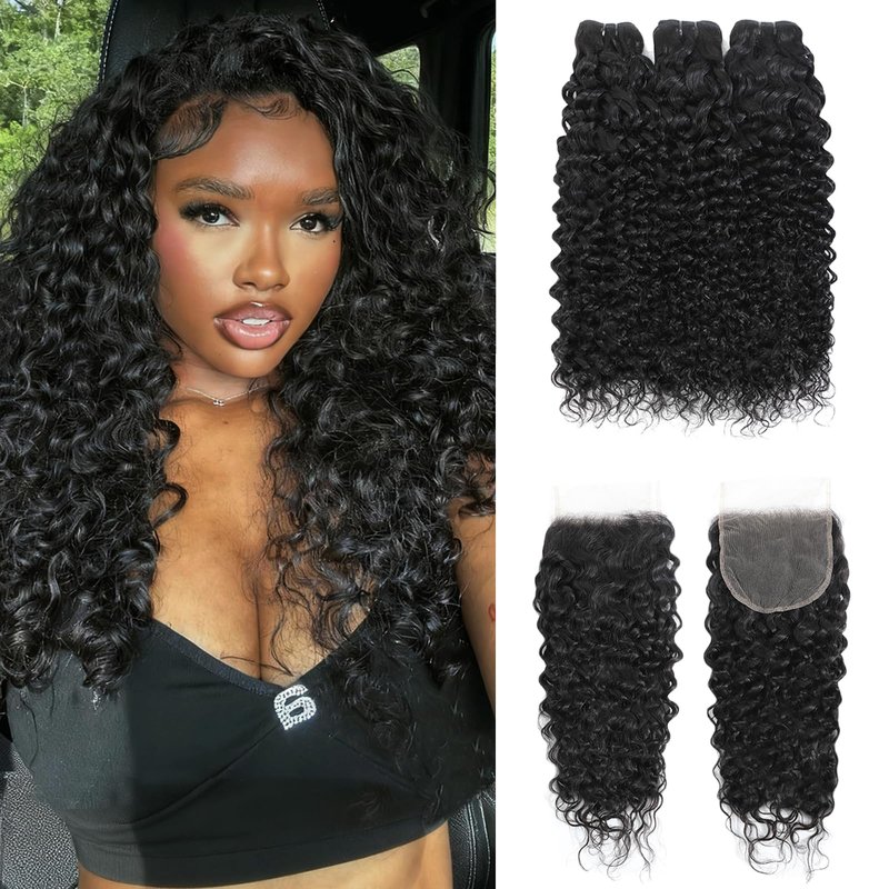Water Wave Bundles with Closure 12A Brazilian 5 x 5 HD Lace Closure 100% Human Hair (12 14 16+12) Closure Free Part Wet and Wavy Bundles with Natural Color