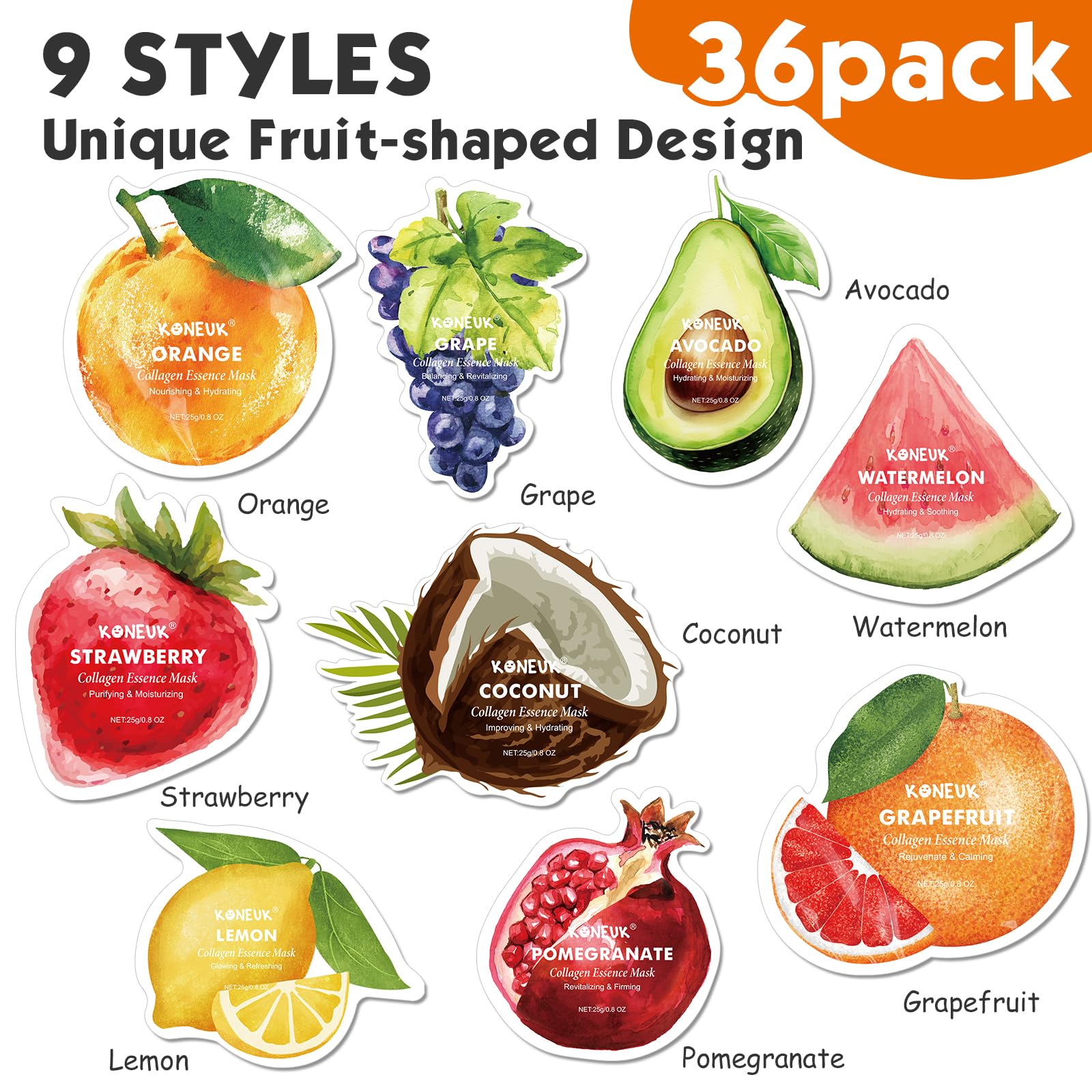 KONEUK 36 Pack Fruit Shaped Sheet Face Mask for Women, Collagen Hydrating and Moisturizing Face Masks Skincare for Dry Skin, Bulk Mothers Day Gifts, Spa Party Gifts, Nurse Gifts(9 Types x 4 Pcs)