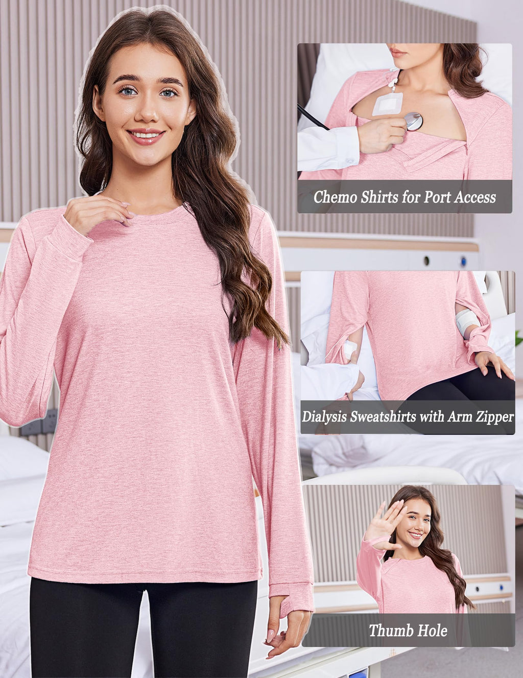 Deyeek Chemo Shirts for Port Access Dialysis Shirts with Arm Zipper Tear Away Long Sleeve Post Shoulder Surgery Shirt Pink M
