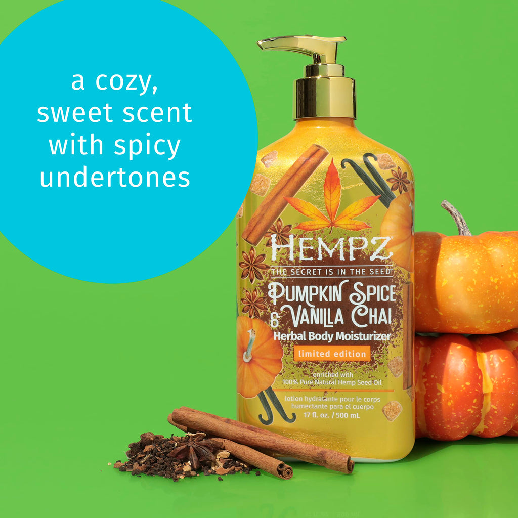 HEMPZ Body Lotion Limited Edition - Pumpkin Spice & Vanilla Chai Daily Moisturizing Cream, Shea Butter Hand and Body Moisturizer - Hemp Lotion - Skin Care Products, Hemp Seed Oil - 17 oz.