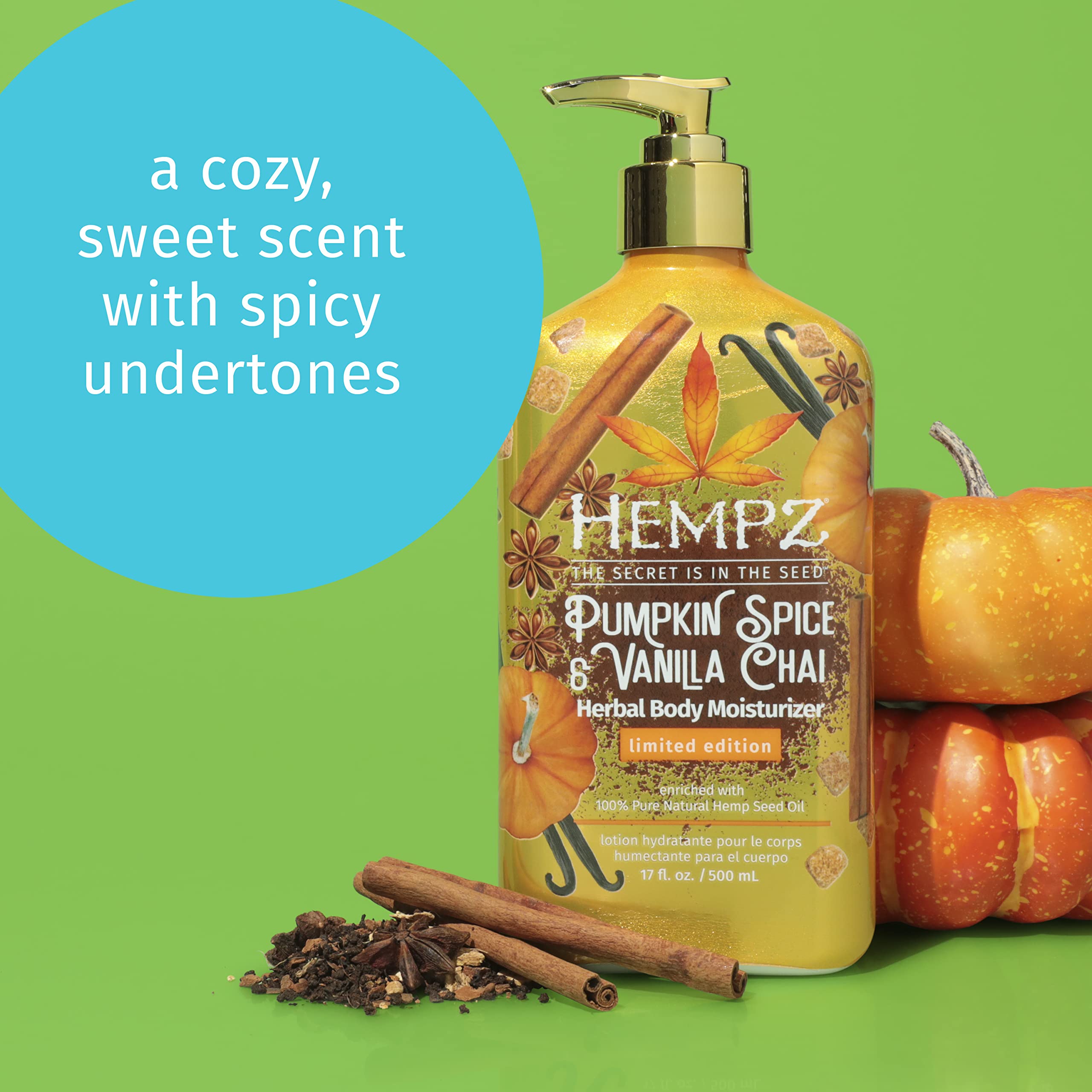 HEMPZ Body Lotion Limited Edition - Pumpkin Spice & Vanilla Chai Daily Moisturizing Cream, Shea Butter Hand and Body Moisturizer - Hemp Lotion - Skin Care Products, Hemp Seed Oil - 17 oz.