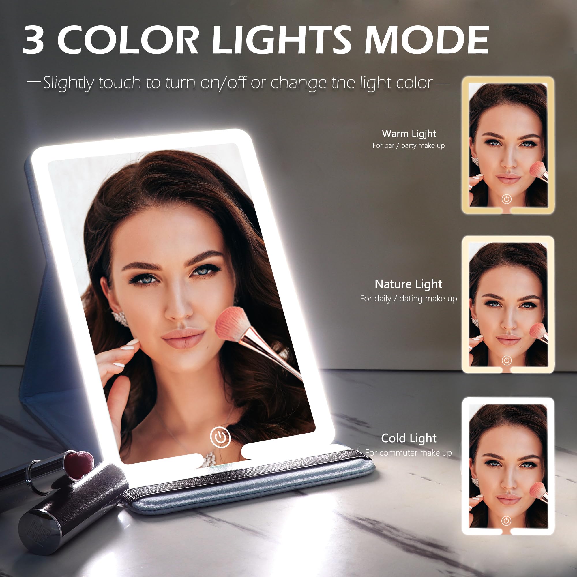 WangSelect Travel Mirror with Light Ultrathin Portable Travel Makeup Mirror Rechargeable 2000mAh and 3 Color Settings Lighted Vanity Mirror Include 10X Magnifying Mirror&Tweezers Set -Ice Blue