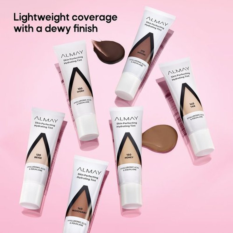 Almay Hydrating Liquid Foundation Tint, Lightweight with Light Coverage, Naturally Dewy Finish, Hypoallergenic, Dermatologist TestedFragrance Free, 120 Beige, 0.94 fl oz.