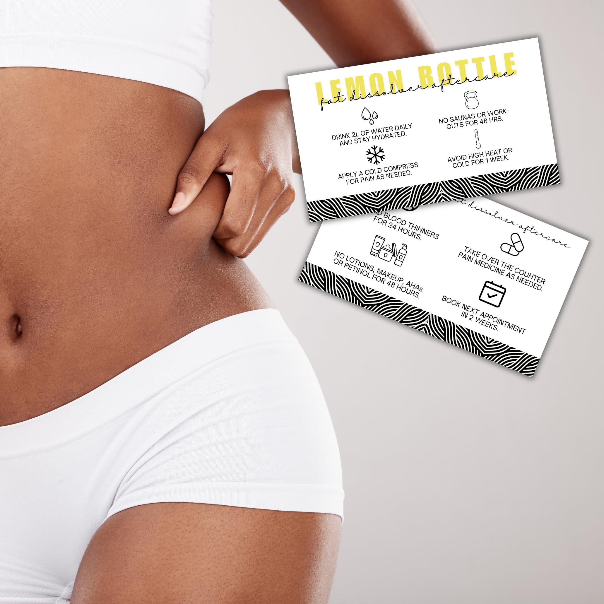 Lemon Bottle Fat Dissolver Aftercare Instruction Cards | 50 pk 2x3.5” Liquid Lipo Facial Consent Injection Card Clients Wallet Post Pre Treatment