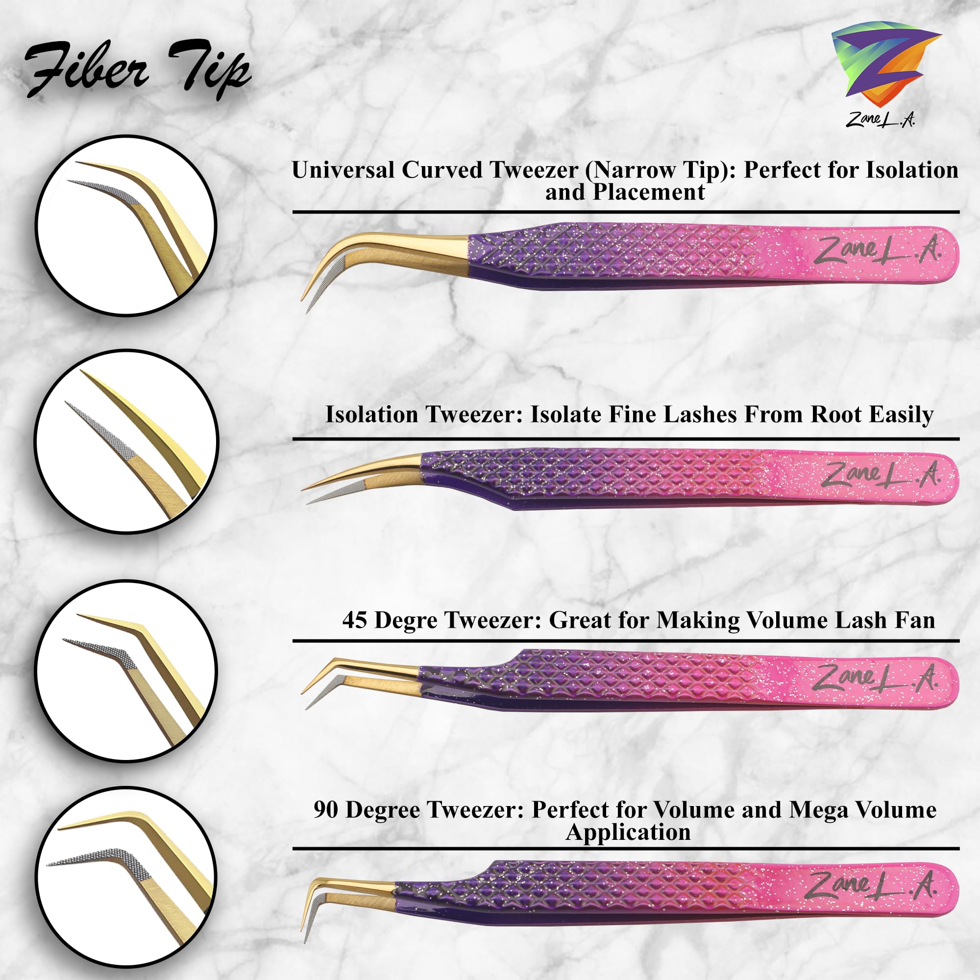 Zane L.A. Nano Fiber Tip Professional Eyelash Extension Tweezers, a pack of 4, Quality tweezers made with Japanese Stainless Steel, includes Stylish Half Moon Mirror. (Multi-Color)