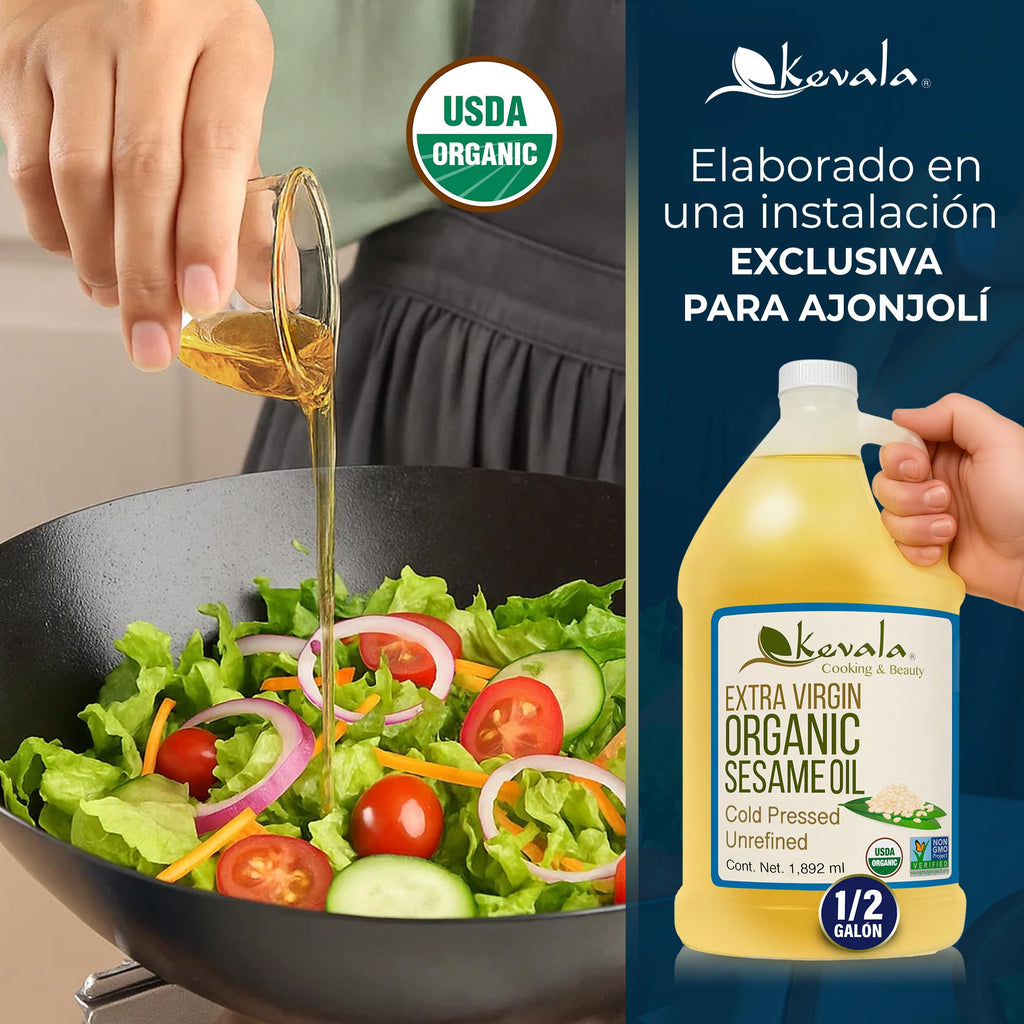 Kevala Organic Extra Virgin Sesame Oil – 64 fl oz, 1/2 gal, Good in Body Care and Hair Care, High Smoke Point Vegetable Oil for Cooking, Frying, and Baking, Made with Organic Sesame Seeds, Kosher