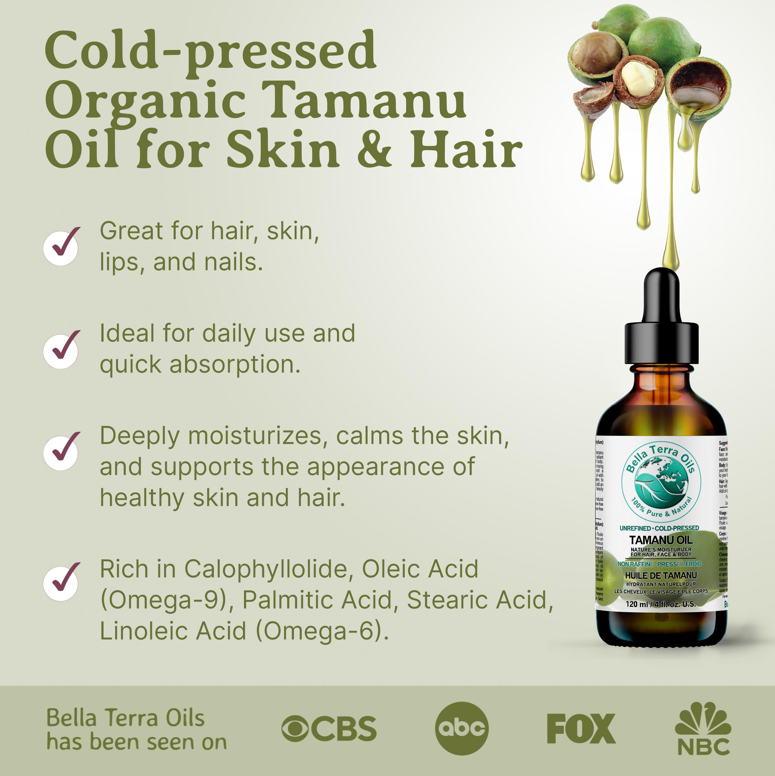 Bella Terra Oils - Natural Tamanu Oil 16 oz - Harness the Power of Nature, Infused with Stearic Acid & Calophyllolide, Perfect Choice for Luxurious Skin Nourishment