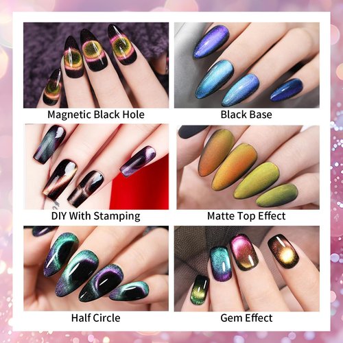 TWOEIGHT Cat Eye Gel Nail Polish, Magnetic 9D Cat Eye Gel Polish Set, 8ml*6 with 1Magnets, Classic Colors Chameleon Magic Galaxy Effect Soak off Nail Art - Sparkle Stunning Gel Polish Gift for Women