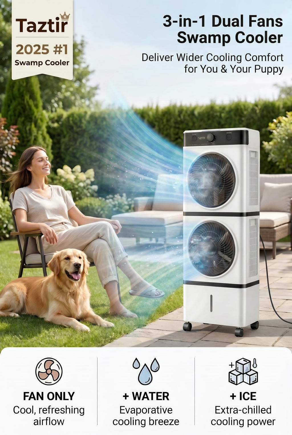 Taztir 2026 Flagship Swamp Cooler, Portable Evaporative Air Cooler, Cooling Tower Fan with 10-Gal Water Tank, 3 Modes 3 Speeds, 30H Timer, 4 Ice Packs, 45° Oscillation & Wheels for Room Office Garage