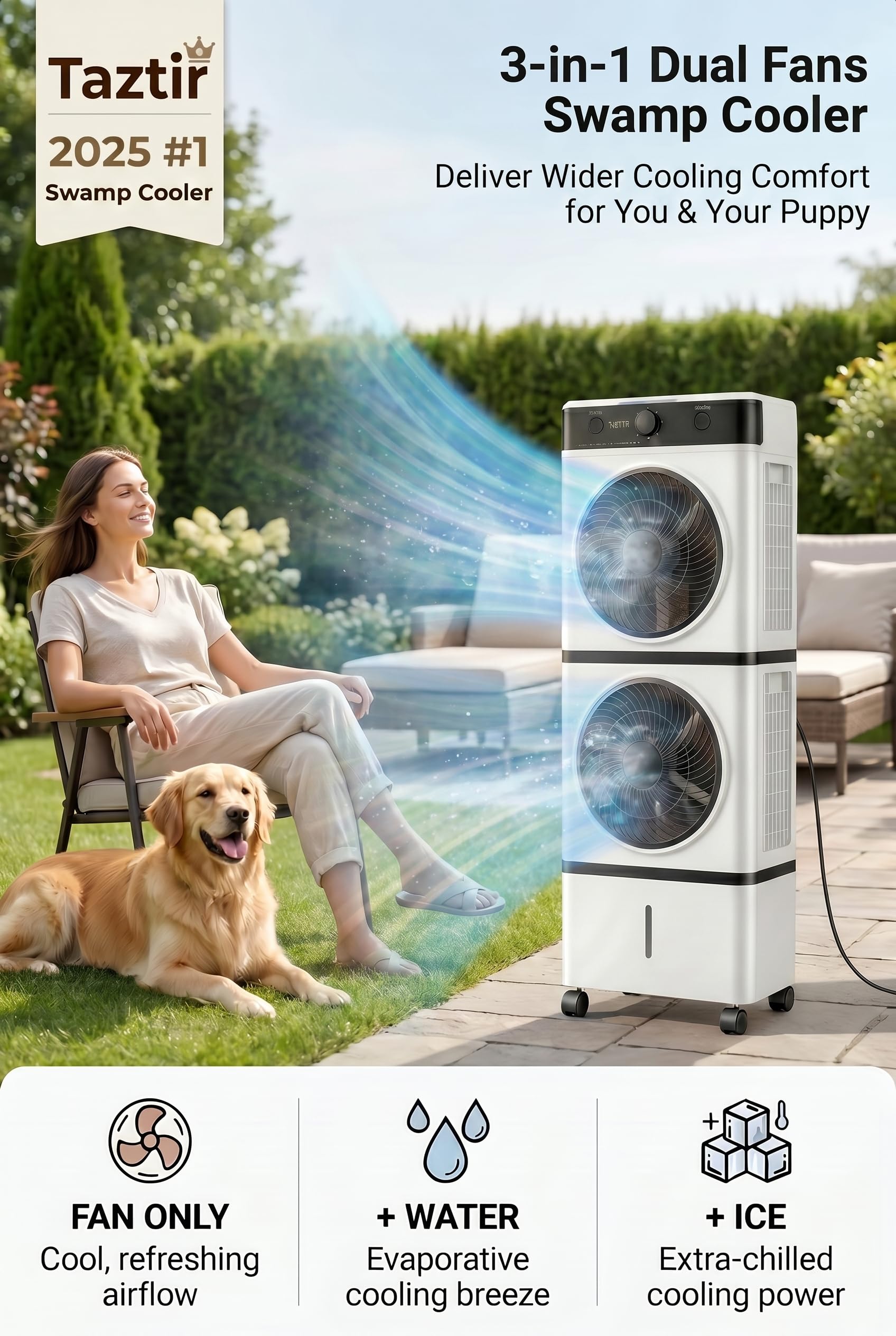 Taztir 2026 Flagship Swamp Cooler, Portable Evaporative Air Cooler, Cooling Tower Fan with 10-Gal Water Tank, 3 Modes 3 Speeds, 30H Timer, 4 Ice Packs, 45° Oscillation & Wheels for Room Office Garage