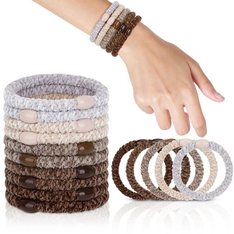 FORENEE Braided Hair Ties No Damage, 10 Pcs Soft Plush Hair Bands for Women's Hair, Bracelet Hair Elastics & Ponytail Holders for Thick Hair - Brown