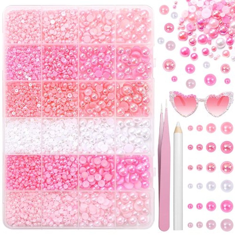 Pink Flatback Pearls for Crafting, 3/4/6/8mm Flatback Nail Pearls Beads, Half Round ABS Pink Color White Pearl Beads Gems for Nails Art DIY Crafting Face Hair Manicure DIY