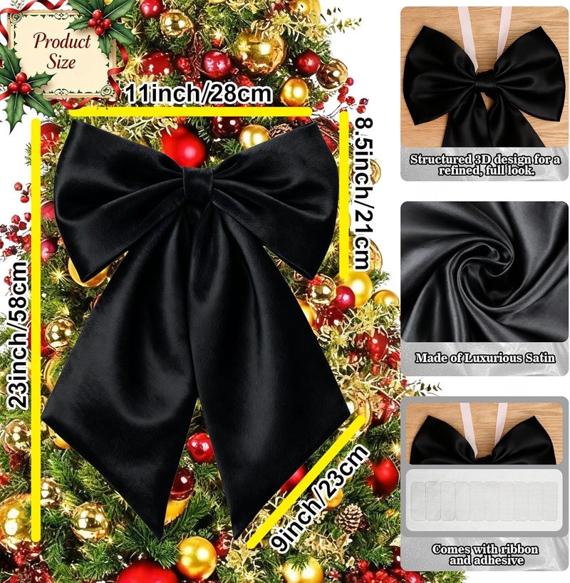 Black Bows Decor | 22x11 Inch Big Black Bows for Crib, Christmas Tree, and Weddings - 3 Pack