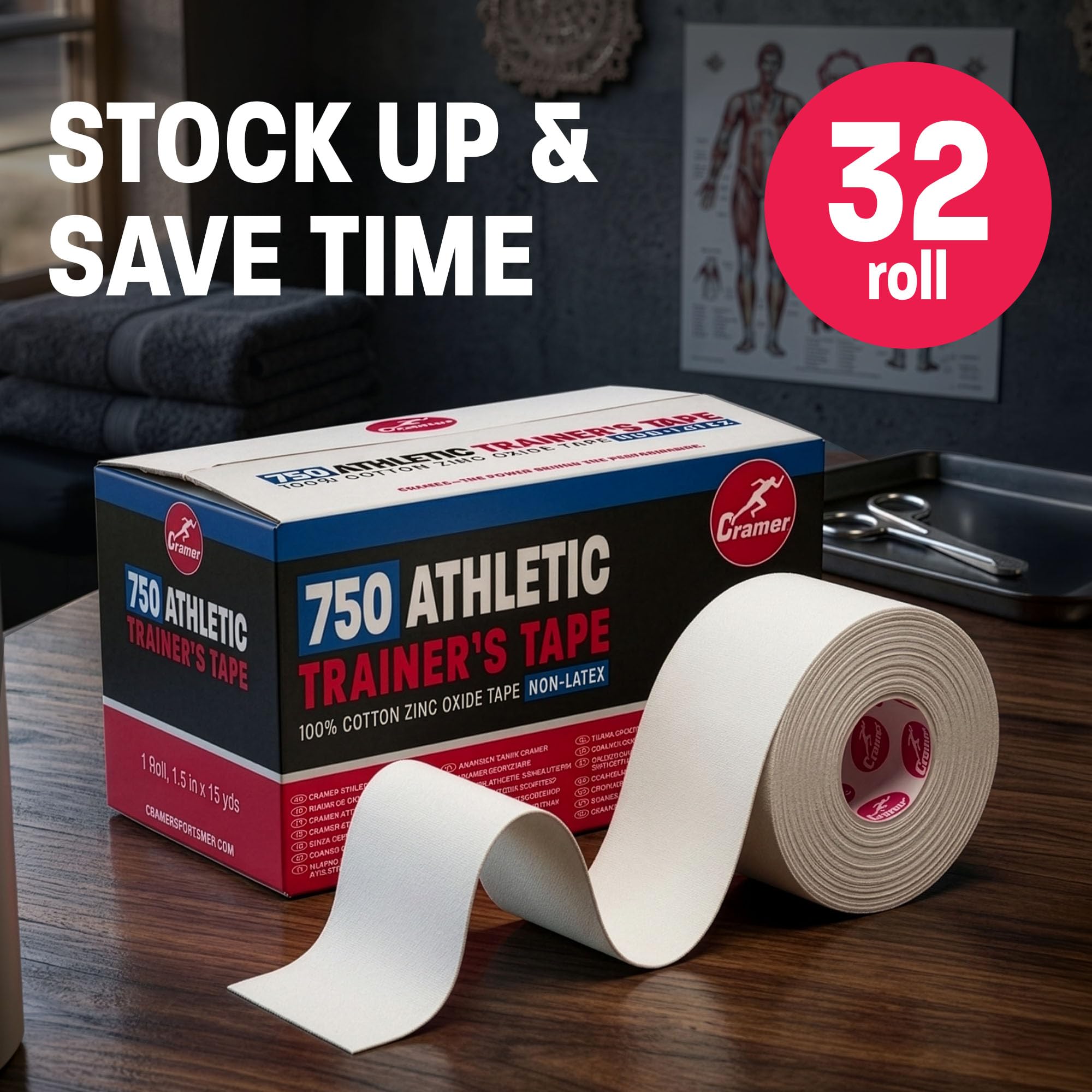 Cramer Team Color Athletic Tape, White, Latex-Free, 1.5" x 15yds, 32 Roll Bulk Case, Tearable Sports Tape for Wrists, Ankles, Baseball, Training, Strong Athletic Wrap for Athletes & Trainers