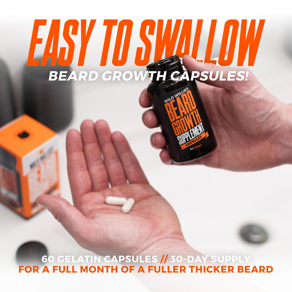 Wild Willies Beard Growth Kit - Capsules & Boost Serum - Natural Growth Oil With Biotin & Caffeine - Vitamins for Fuller, Thicker Beard - 60 Capsules - For Men