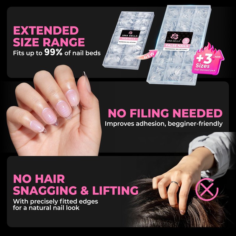 UNA GELLA Short Almond Nail Tips, 510Pcs 15 Sizes Pre-Etched Soft Gel Nail Tips Almond Shape Half Matte Full Cover Clear Fake Nails Extensions for DIY & Salon Manicure Soak Off