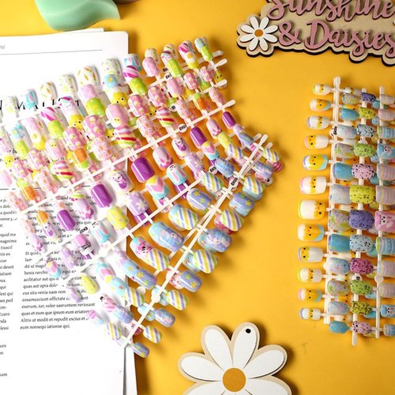 384 Pcs 16 Pack Easter Press on Nails Short Fake Nails Easter Square False Nails Artificial Nail Full Cover Coffin with Rabbit Egg Pattern for Women Girls (Bunny Pattern)