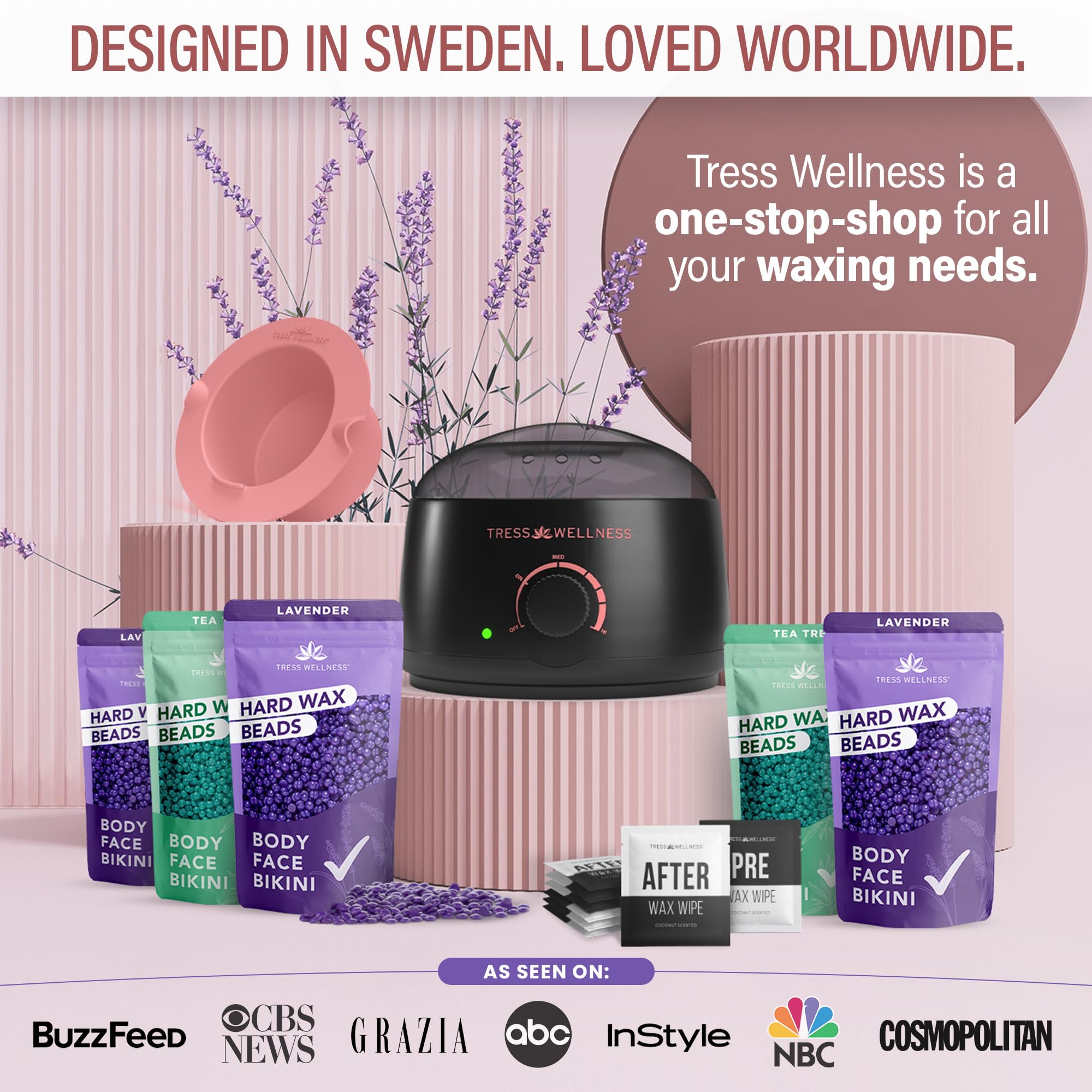 Tress Wellness Award Winning Waxing Kit for Sensitive Skin – Safe for Face & Skin, Easy to Use – At-Home Kit for Face, Bikini, Brazilian & Full Body - Midnight Rose, No Display