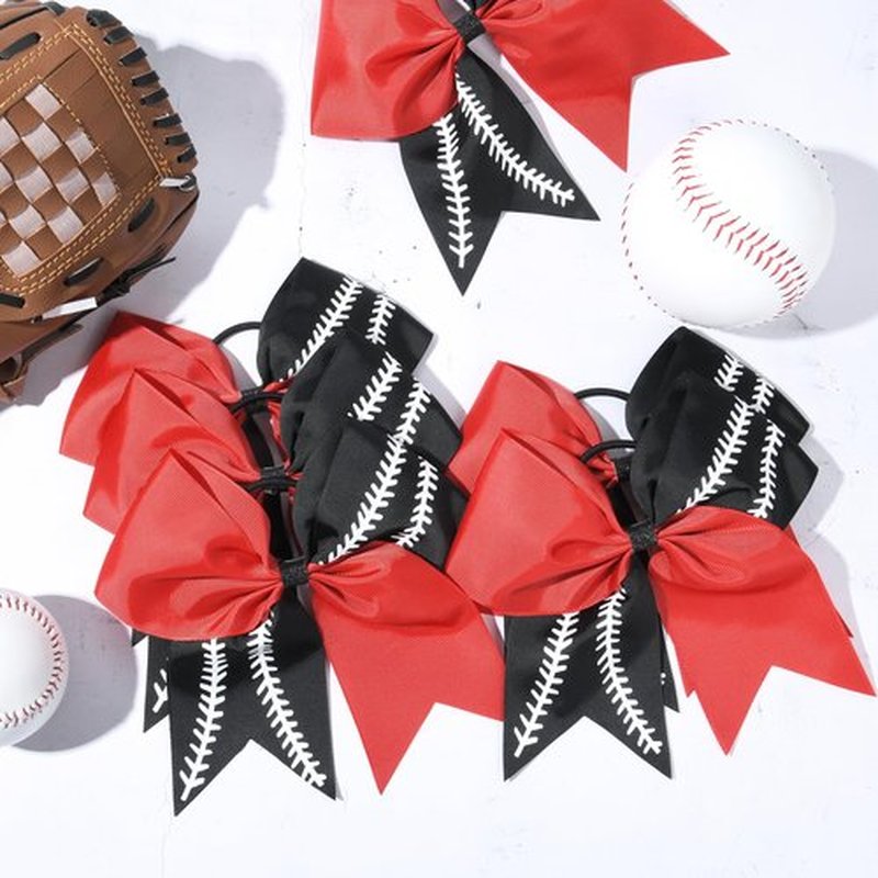 DEEKA 12 PCS Softball Cheer Bows with 2 Glitter Stitching Two Toned Cheerleader Team Bows Elastic Band for Softball Sports Girls (Red/Black+White Stitching)