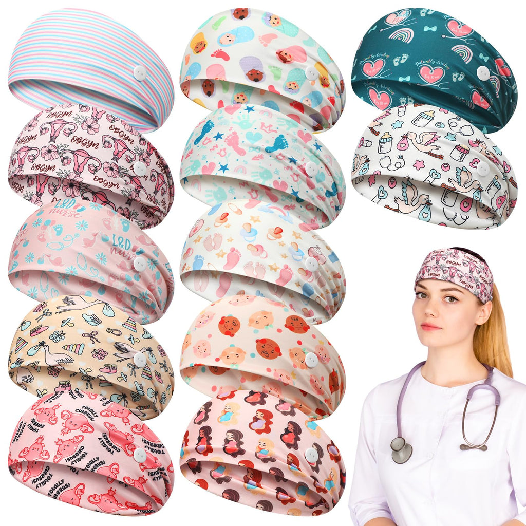 Yearntown 12 Pcs Labor and Delivery Nurse Headbands for Women Non Slip Nursing Headbands with Buttons for Mask Work Accessories Ear Protection Hair Bands Gift for Nicu Obstetrics Nurse Doctor