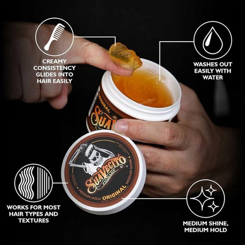 Suavecito Pomade Original Hold - Medium Shine Water-Based Hair Gel, 2.3 oz | Flake-Free, Easy Wash Out