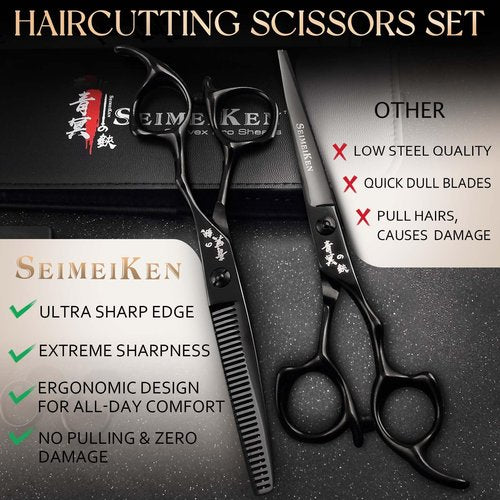SEIMEIKEN 6" Black Hair Scissors Professional Hair Cutting Scissors and Thinning Shears - Japanese SUS440C Stainless Steel Hair Cutting Shears, Barber Shears - Hair Cutting Kit for Salon & Home Use