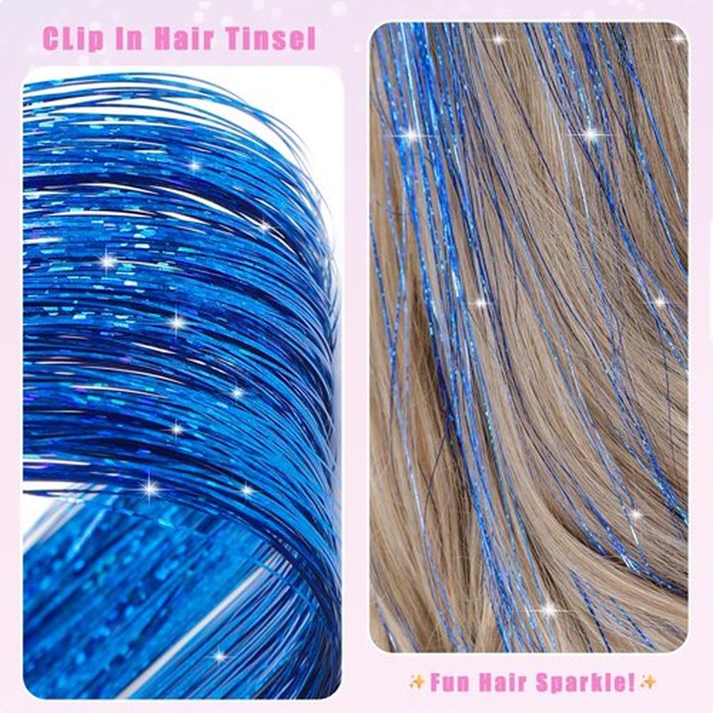 Nielp 18 Pcs Hair Tinsel Clip in, 20.5 Inch Glitter Tinsel Hair Extensions, Shiny Sparkling Fairy Hair Tinsel Clips, Dazzling Party Hair Accessories for Girls Women Kids (Sapphire blue)