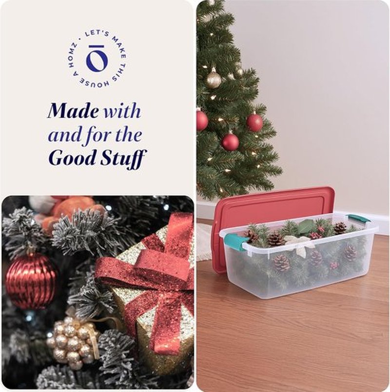 HOMZ 6-Pack Holiday Tote | Clear/Red Plastic Storage Bins with Lids - 64 Quart Stackable Organizers