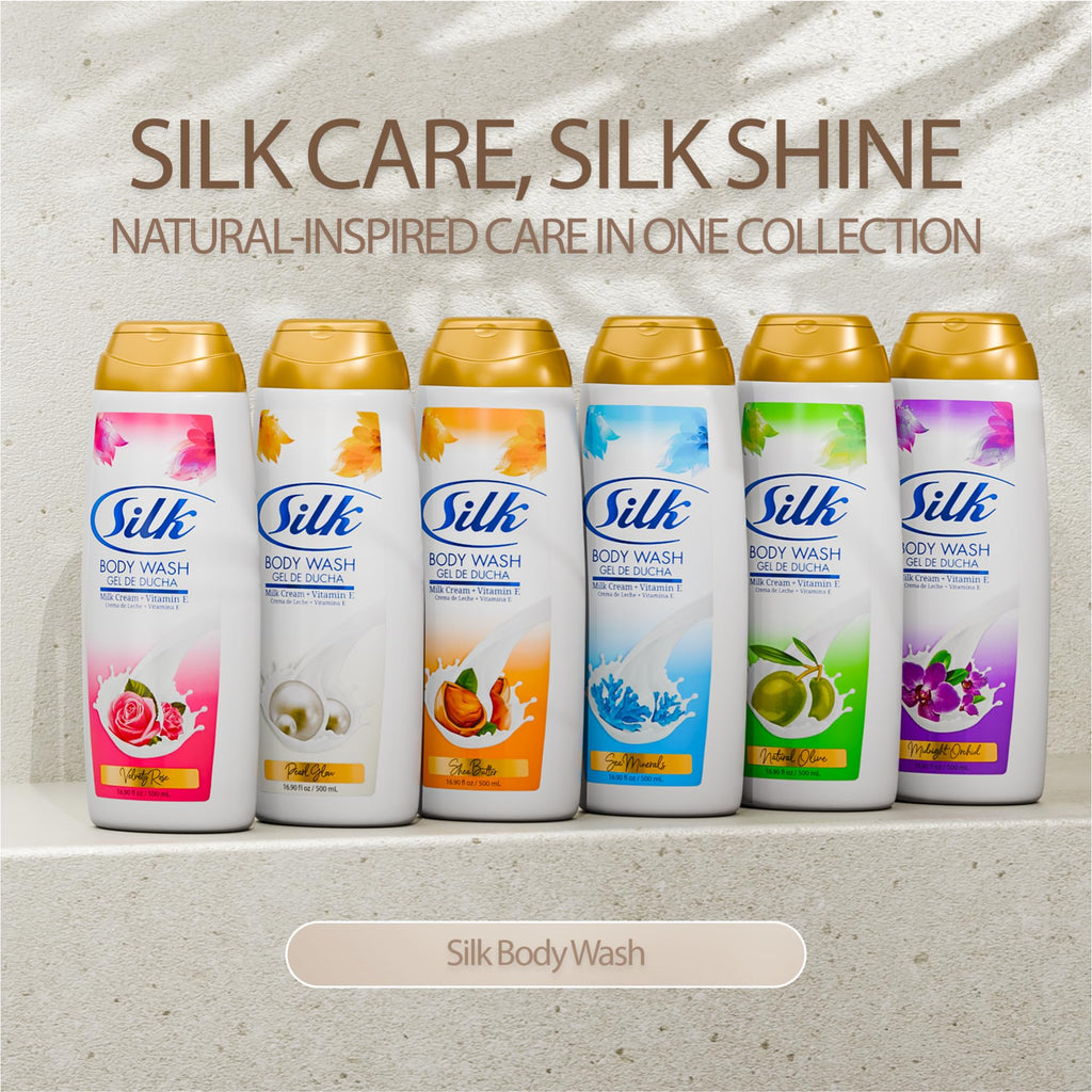 SILK Moisturizing Body Wash for Woman & Man - Daily Hydrating Shower Gel and Foaming Cleanser with Vitamin E and Glycerin, Rich Lather for Dry Skin Care, Shea Butter Scent, 16.9 Fl Oz (Pack of 4)