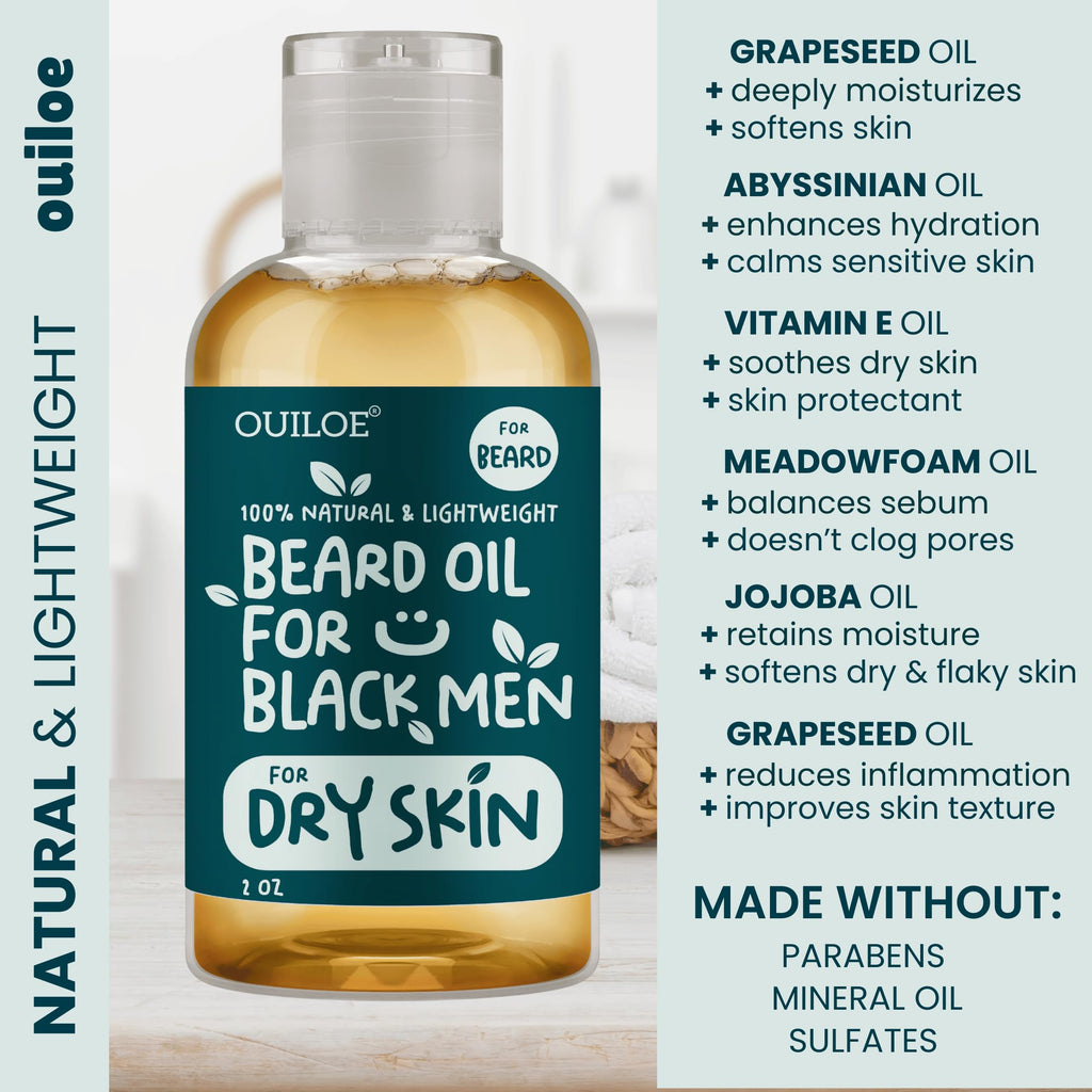 Beard Oil for Black Men with Sensitive Skin - Beard Conditioner, Softener & Moisturizer for Black Men - Made with Vitamin E & Grapeseed Oil, Unscented, Natural & Organic, Doesn’t Clog Pores 2oz