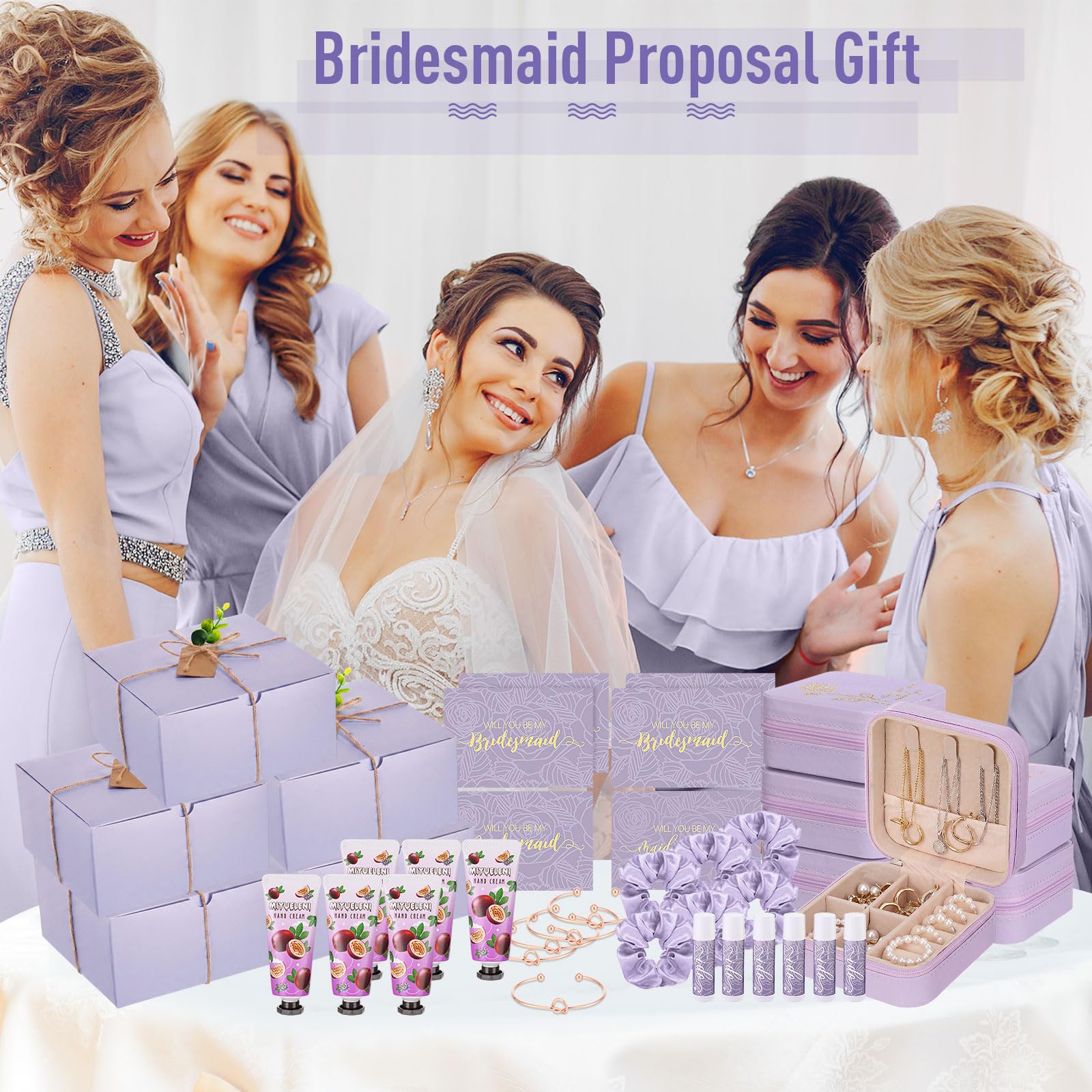 Teenyyou 60 Pcs Bridesmaid Proposal Gifts Bridesmaid Box Set Maid of Honor Gift Wedding Bridal Shower Include Jewelry Box Glass Cup Scrunchies Hair Knotted Bracelets Hand Cream Lip Balm Cards(Purple)