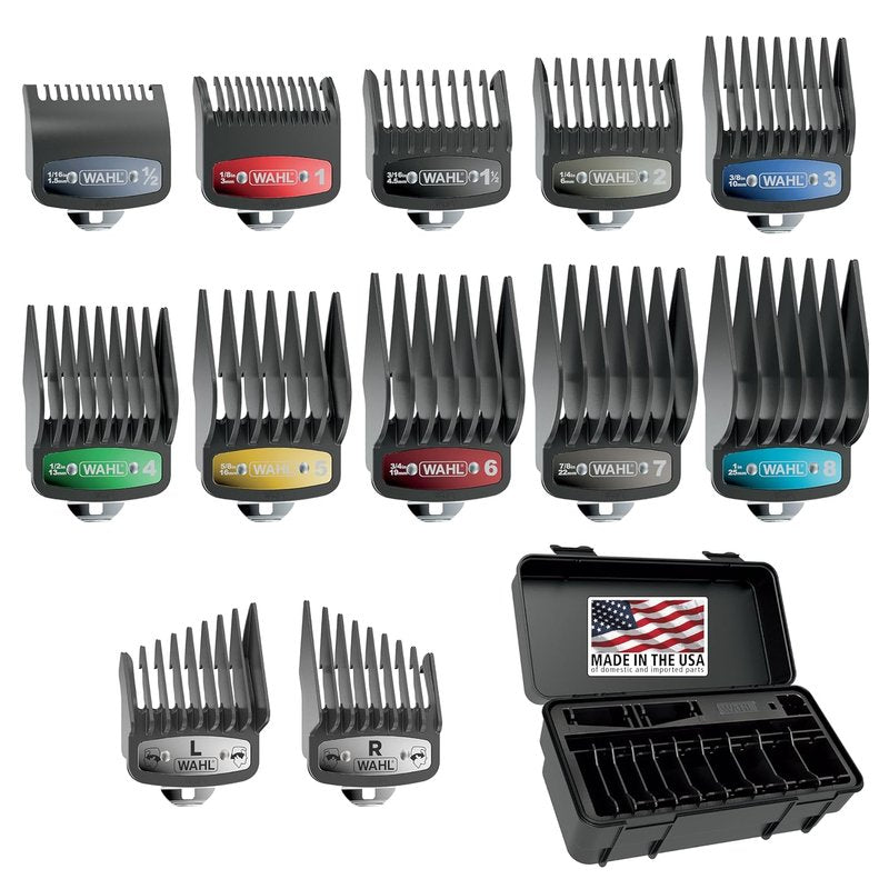 Wahl Genuine SECURE-SNAP® Guide Comb Set - 12 Full Size Attachment Guards with Colored Clips & Caddy