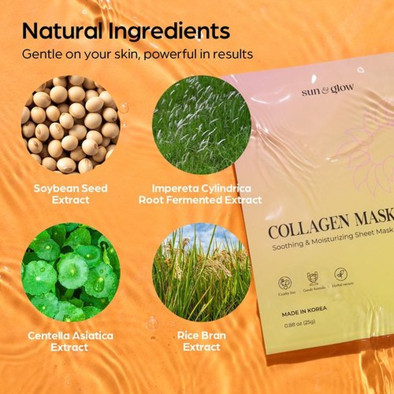 SUN & GLOW VEGAN COLLAGEN MASK Including Natural Elements Fermented 7-Layer Hyaluronic Acid Complex Soothing and Moisturizing Skin Korean Home Skincare Mask (0.88oz 25g 5Packs)