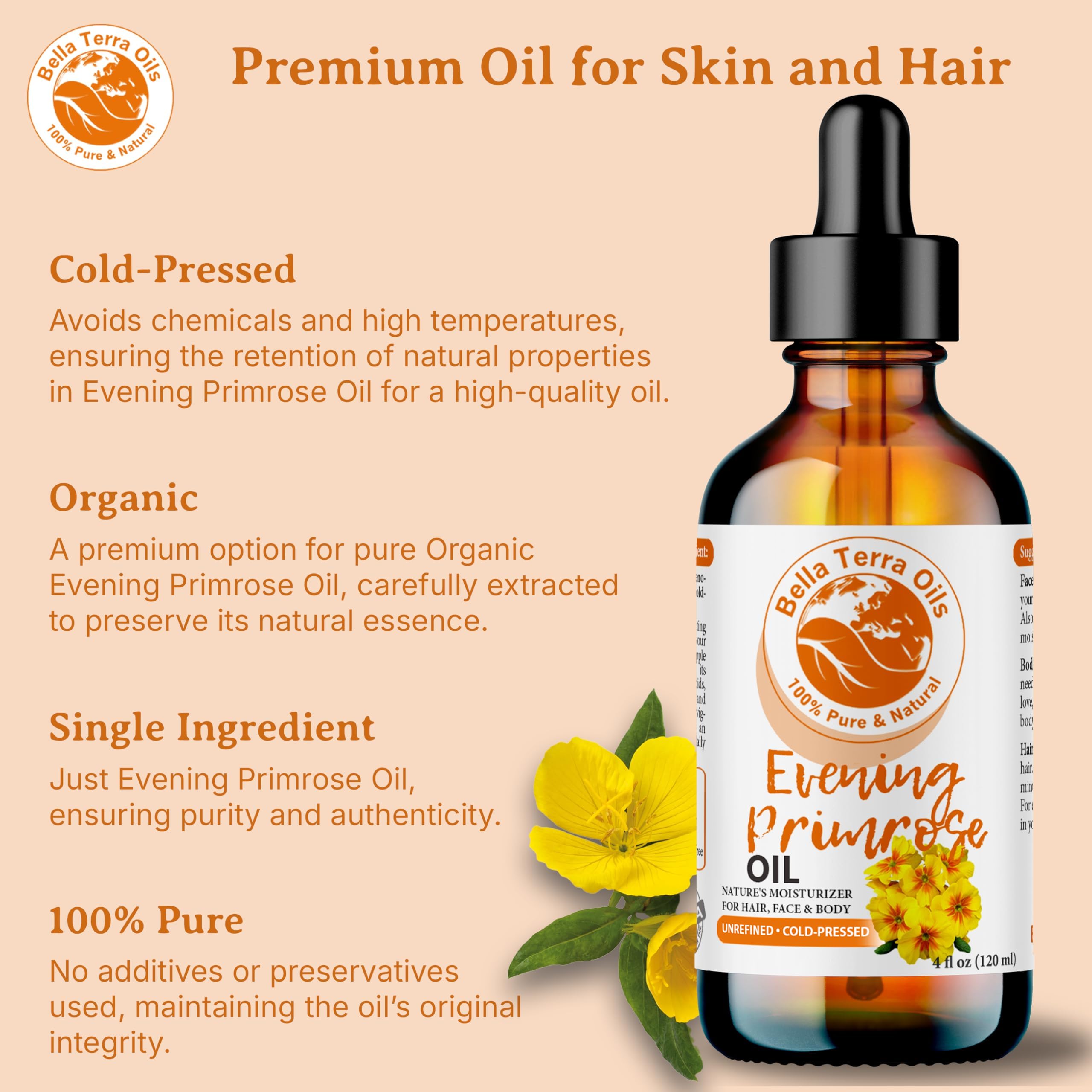 Bella Terra Oils - Organic Evening Primrose Oil 4oz - Unveiling the Richness of Cold-Pressed Organic Evening Primrose, Abundant in Vitamin F & Essential Fatty Acids for an Enhanced Glow