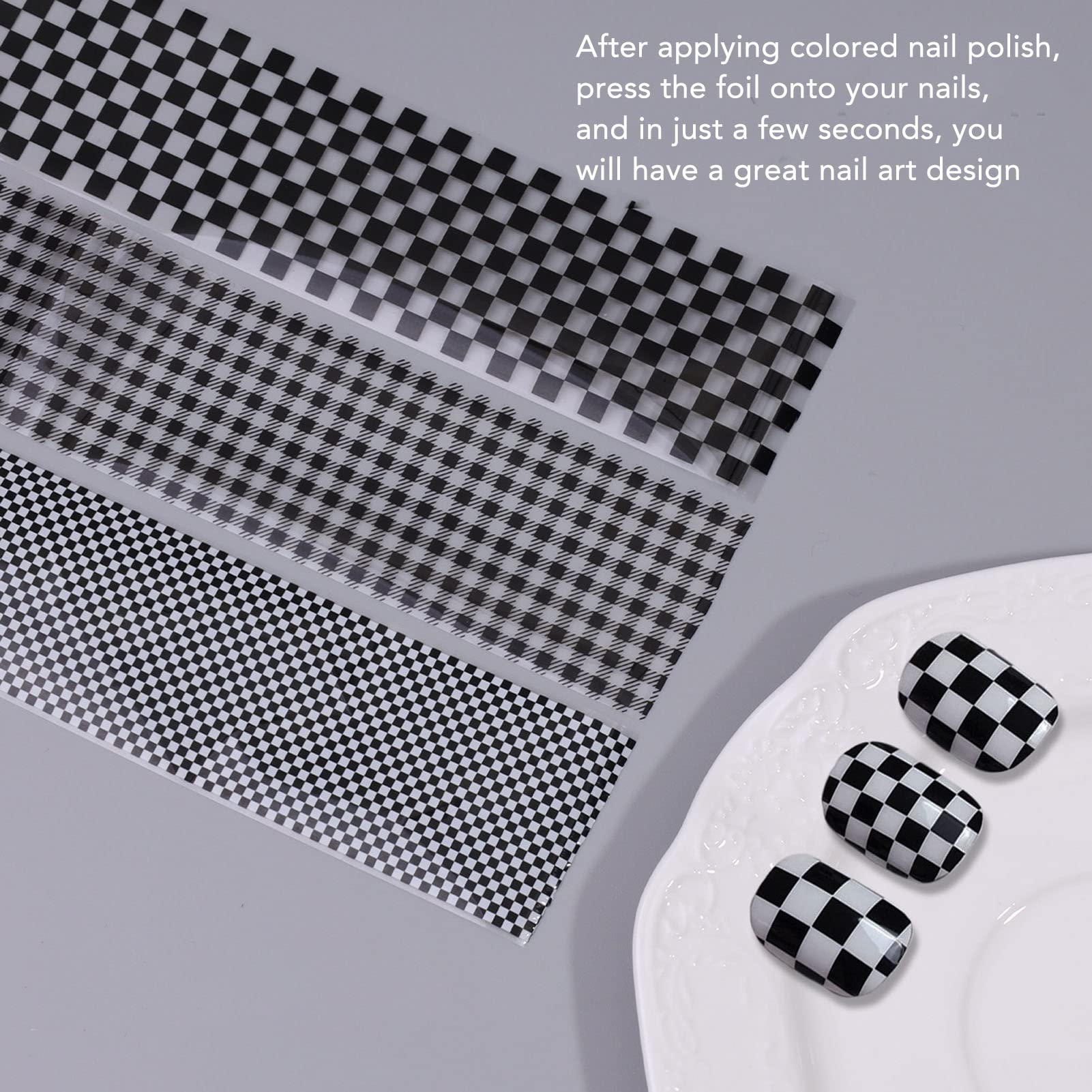 FILFEEL 1 Box Nail Foil Transfer Stickers Decals, Print Black White Plaid Nail Art Sticker, DIY Nail Art Design Tool Stickers Decals Decorations Acrylic Nails Supplies for Home and Nail Salon