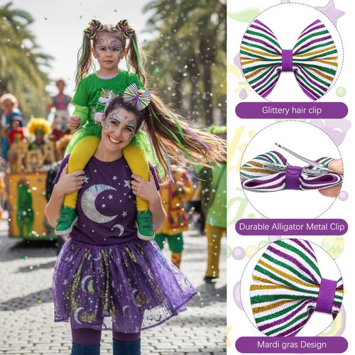 Suncalla 8 Pcs Mardi Gras Hair Bow Clip Glitter Purple Yellow Green Mask Hair Accessories Alligator Clip Bow for Mardi Gras Carnival Circus Party Costume Supplies Women Gifts