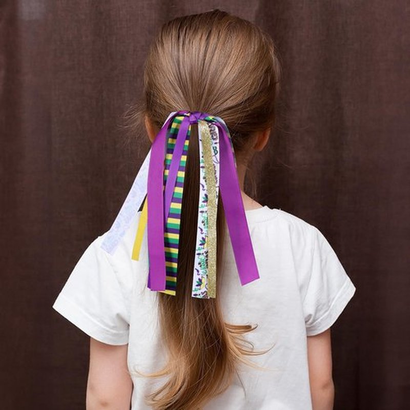 Girls Mardi Gras Ponytail Hair Ribbon Streamer,Gold Green Purple Ribbon Pony Holder Elastic Hair Tie Bands for Women Fat Tuesday Party Costume Dress outfit Pigtail Decor Accessories