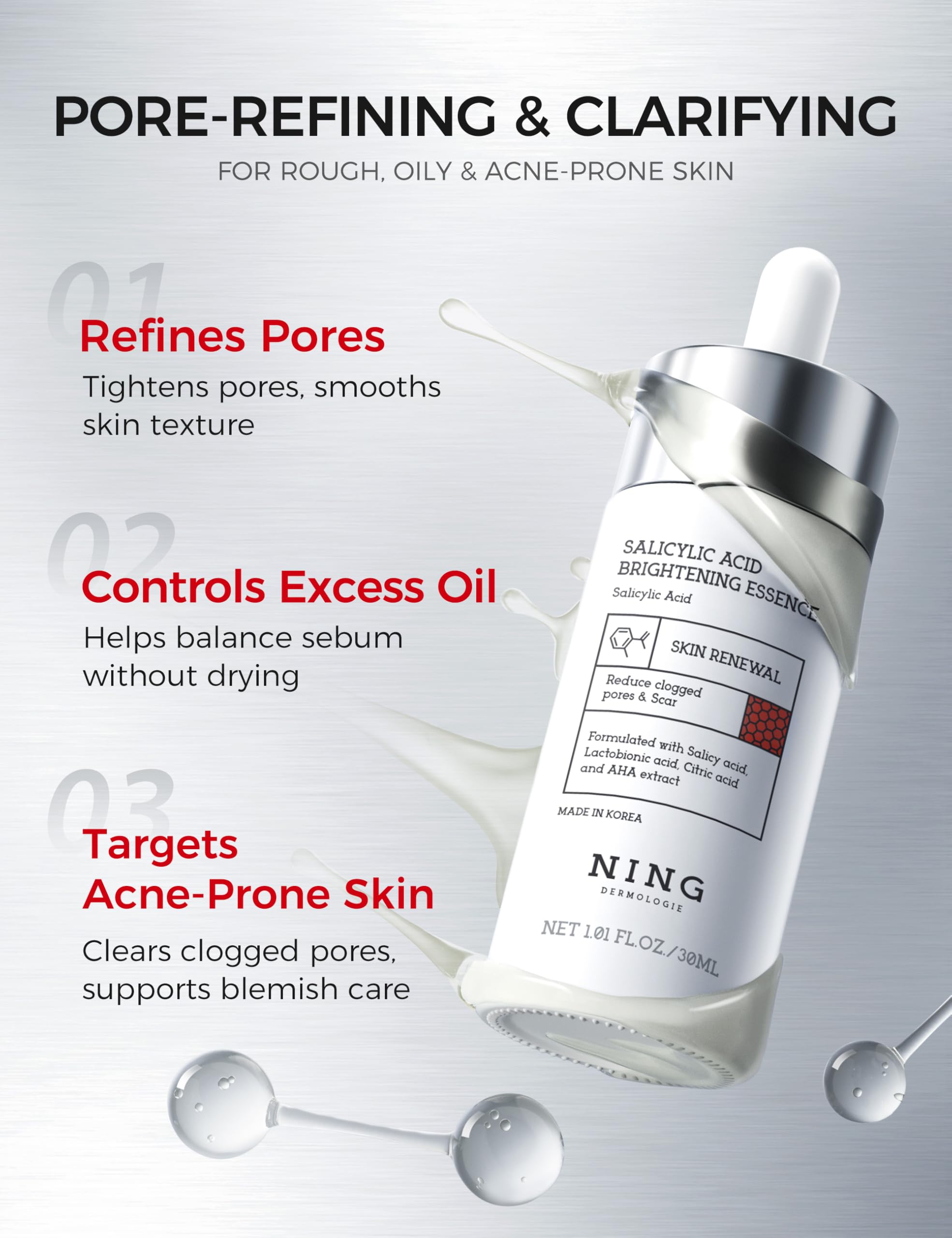 NING DERMOLOGIE Salicylic Acid 2% Serum: Pore Minimizer & Acne Treatment for Face with AHA PHA Tranexamic Acid Niacinamide & Tembusu Extract | Exfoliant for Acne & Blemish Skin | Oil Control | 1 FL OZ