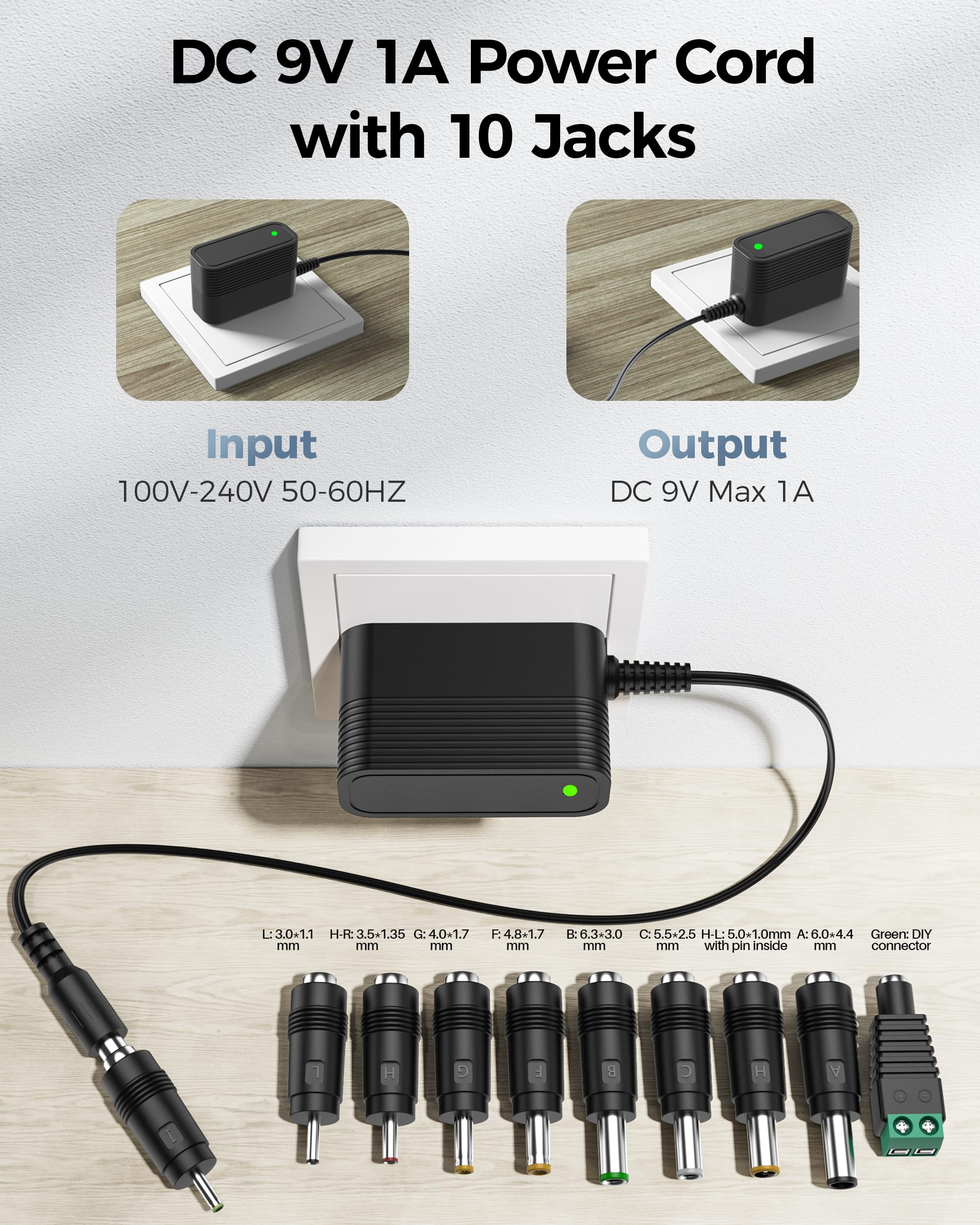 9V Power Supply AC Adapter DC 9V Power Cord Universal Power Adapter with 10 Interchangeable Jacks Compatible with 1000mA 900mA 800mA 700mA 600mA 500mA 400mA 300mA 200mA 100mA Electronics