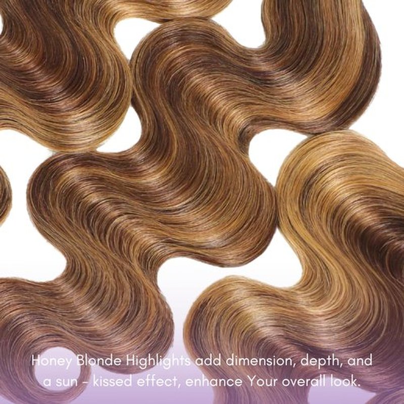 AUROO P4/27 Honey Blonde Highlight Body Wave Frontal Closure Human Hair 16 Inch, 12A 100% Virgin Ombre Brown Balayalge 13x4 Ear to Ear Transparent Lace Frontal Pre Plucked With Baby Hair Sew In Remy
