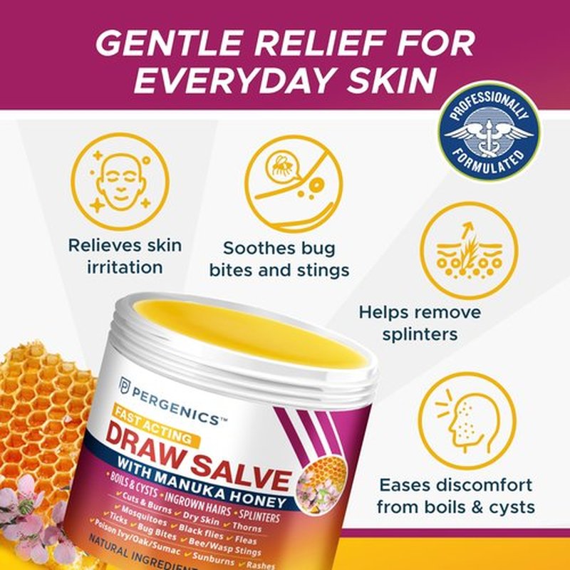Pergenics Manuka Honey Draw Salve Ointment for Skin Soothing, Boil & Cyst, Ingrown Hair, Splinter Remover, Bug Spider Bites, Bee Sting, Mosquito Itching, Poison Ivy, Minor Cuts, Burns, 2 Oz