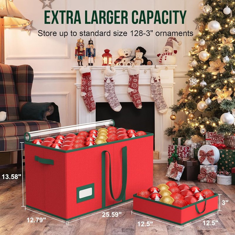 Christmas Ornament Storage Box - Store 128 Ornaments | Dual Zipper Closure & Adjustable Dividers