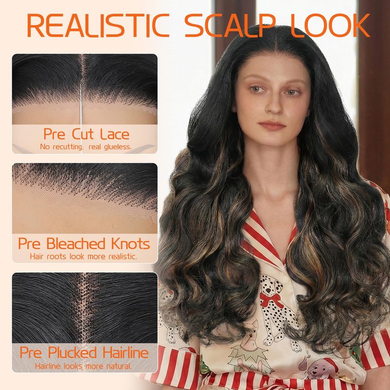 Walsdi Glueless 5x5 HD Lace Front Wig Synthetic Body Wave 28 Inch Ready to Wear Honey Blonde Highlights Black Roots Pre Cut Lace Closure Wig for Women Beginner Friendly Easy Install