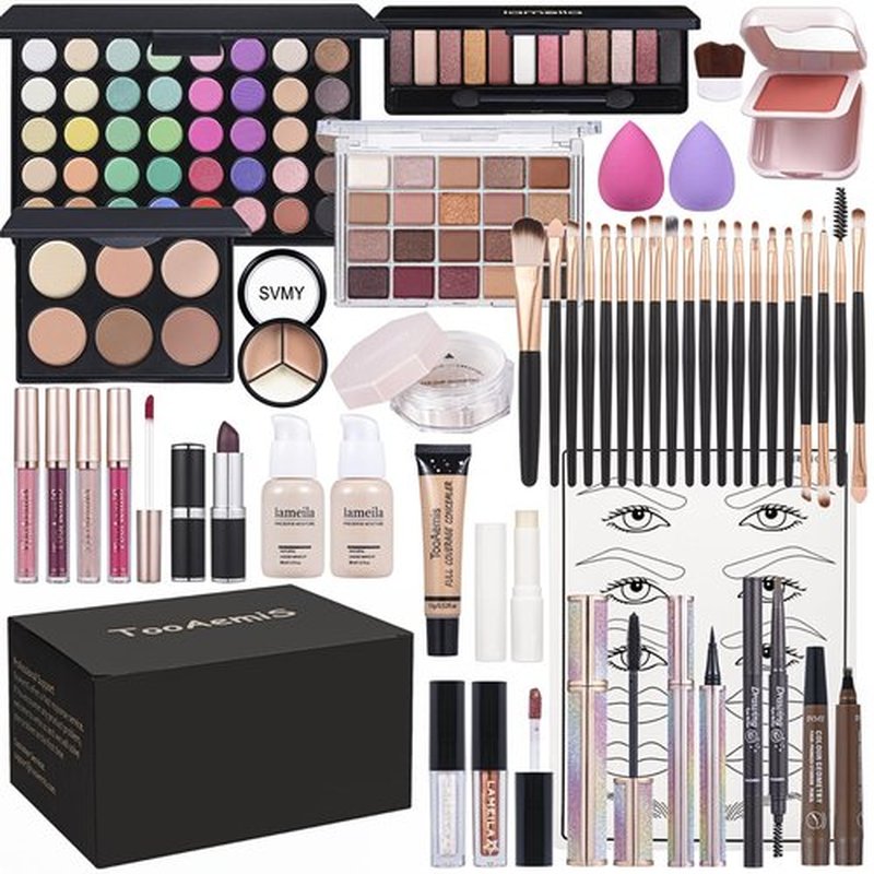 Makeup Set for Women Full Kit Includes, eyeshadow、 liquidfoundation,Loose powder,Eyebrow pencil,Lipstick Eye Pencil Makeup BrushesMakeup practice board 4-color lip gloss set