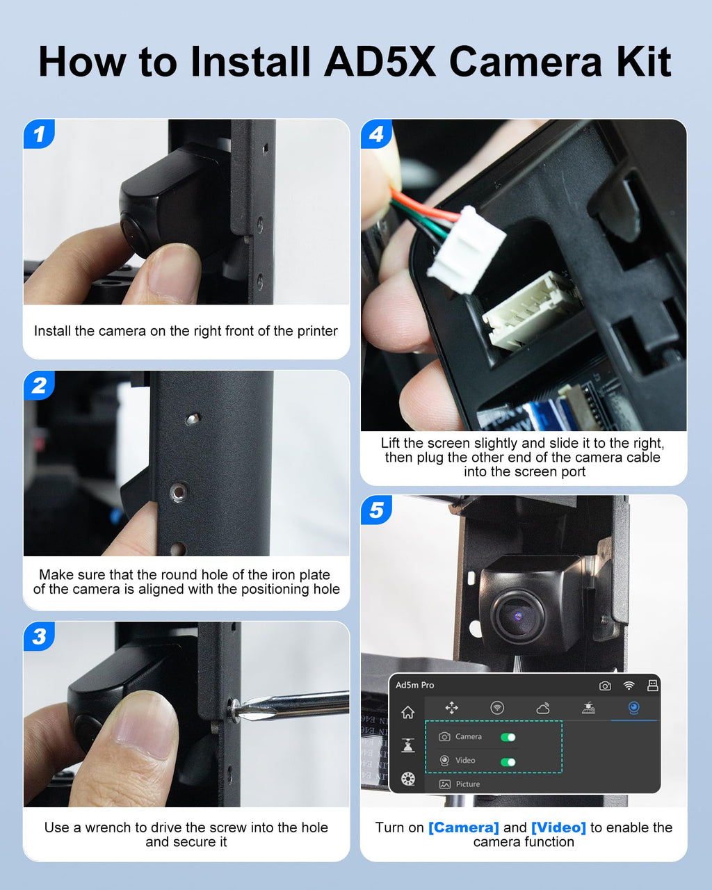 3D Printer Camera Kit Compatible with AD5X Adventurer 5M/5M Pro 3D Printers, Real-Time Remote Monitoring Time-Lapse Recording Compatible with Flash Maker App, 3D Printer Accessory for Adventure 5X