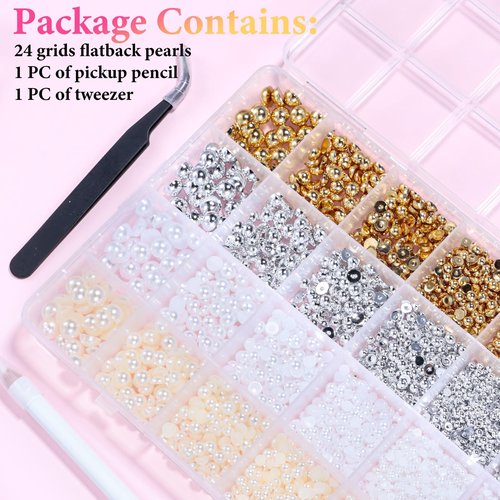 9000 Pcs Gold Silver Flatback Pearls for Crafting, Half Round Nail Gems, 2-8 mm White Beige Beads for DIY Jewelry Face Makeup With Pickup Pencil Tweezer